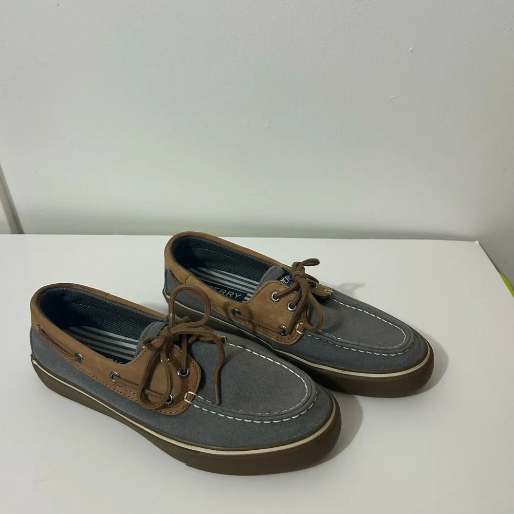 SPERRY TOPSIDER BOAT SHOES MENS SIZE 9 M BROWN LEATHER & GRAY CANVAS 2 EYELET